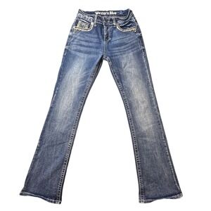Western Blue Jeans Womens 1 Blue Bootcut Embroidered Rhinestone Contrast Stitch